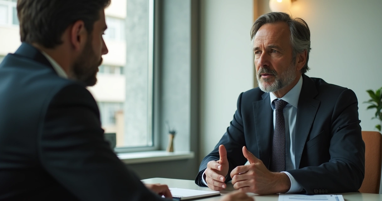 Manager and employee having a calm reflective conversation in an office 
