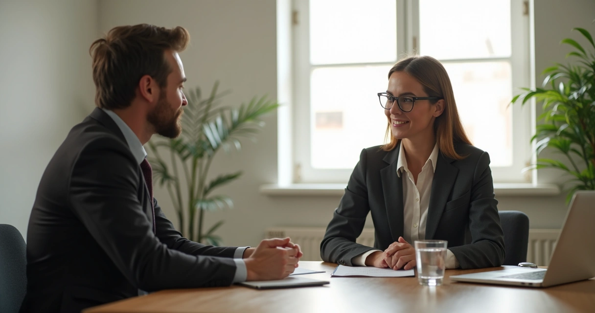Manager speaking supportively with an employee in a private office 