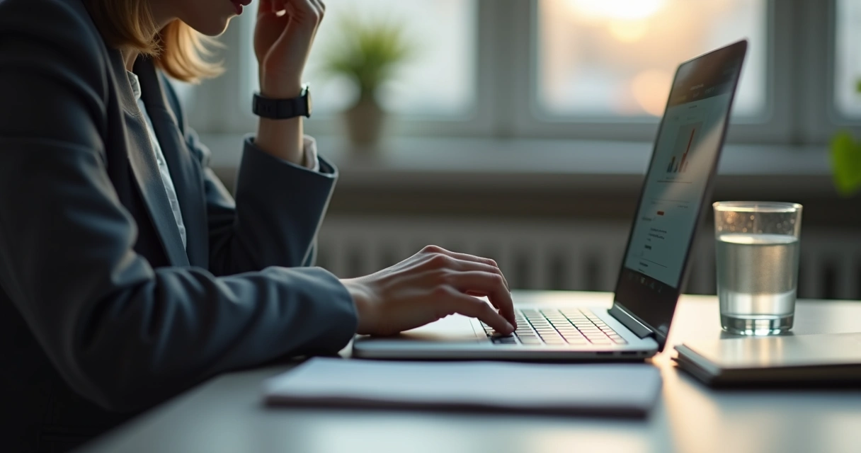 Person pausing before sending a message on a laptop 