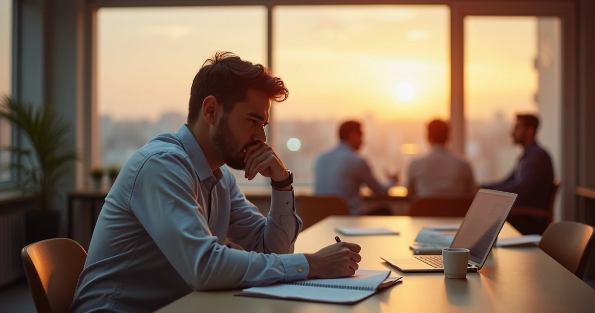 Manager reflecting alone in office after team conflict