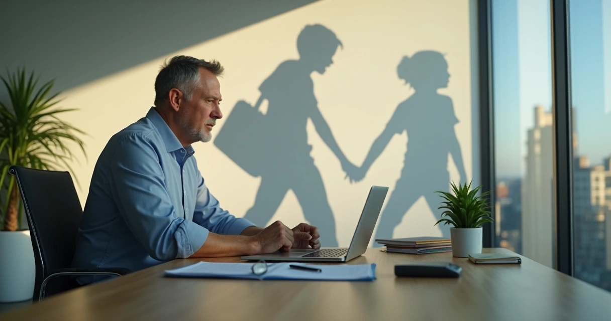 Manager at desk with shadow revealing unresolved personal history 