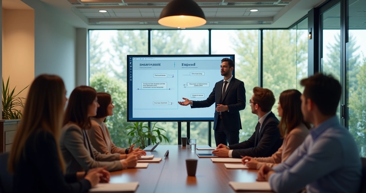 Manager speaking to a team in an office circle
