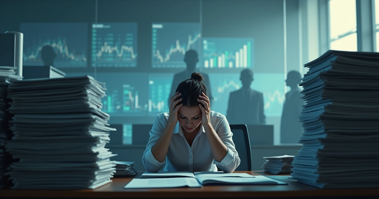 Woman sitting at office desk, stressed, stacks of paperwork