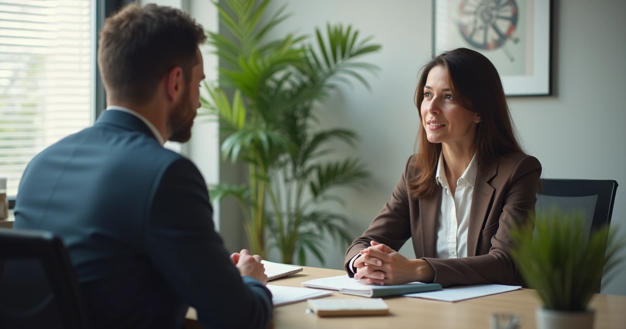 Manager speaking privately with employee in a calm office setting