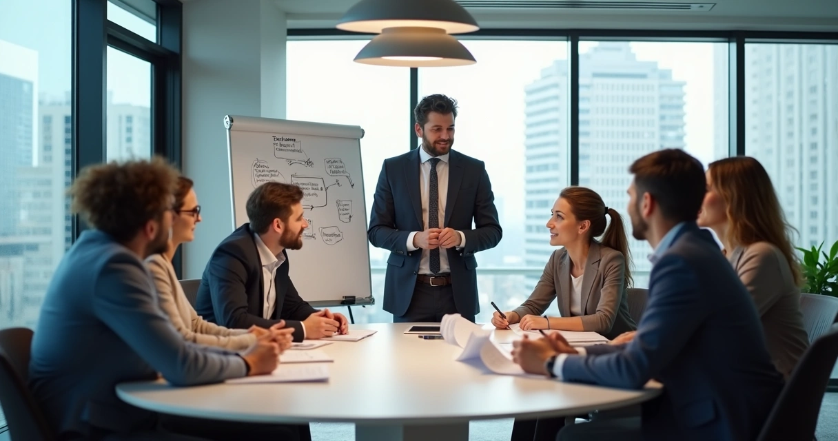 Manager discussing decision with diverse team around table