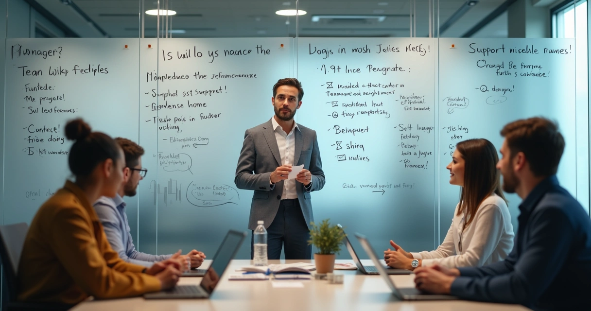 Manager reviewing a team board with people collaboration notes 