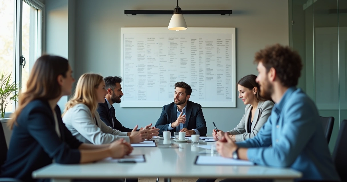 Manager leading a team discussion in a modern office setting