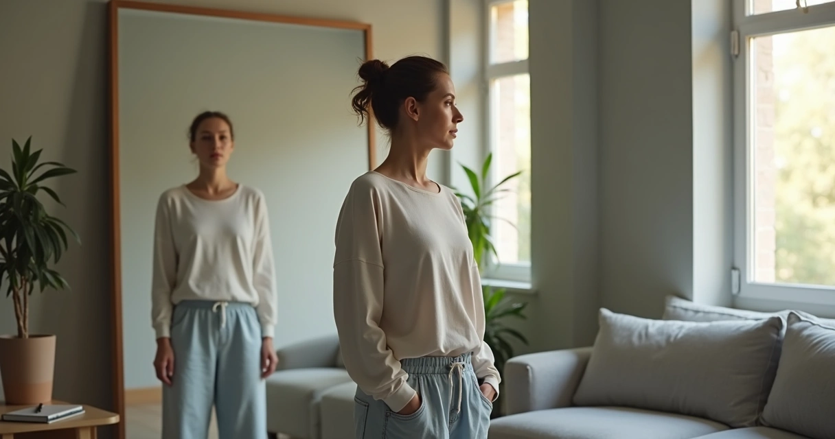 Person observing their reflection with calm expression showing emotional balance 