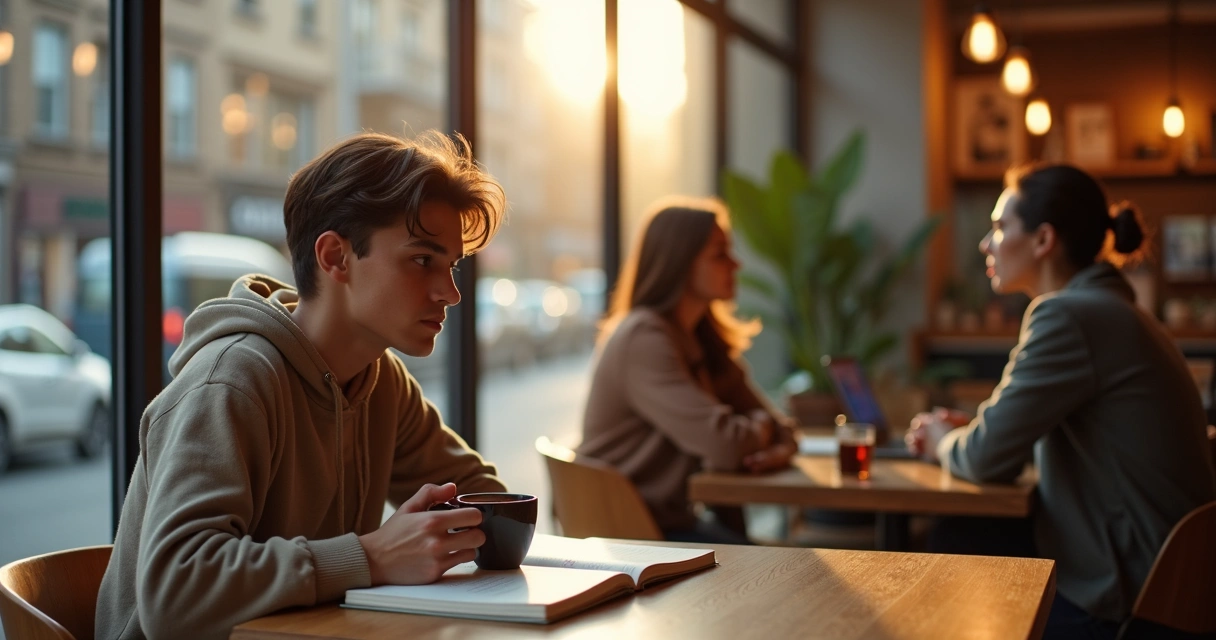 Person in urban café observing others with calm thoughtful expression 