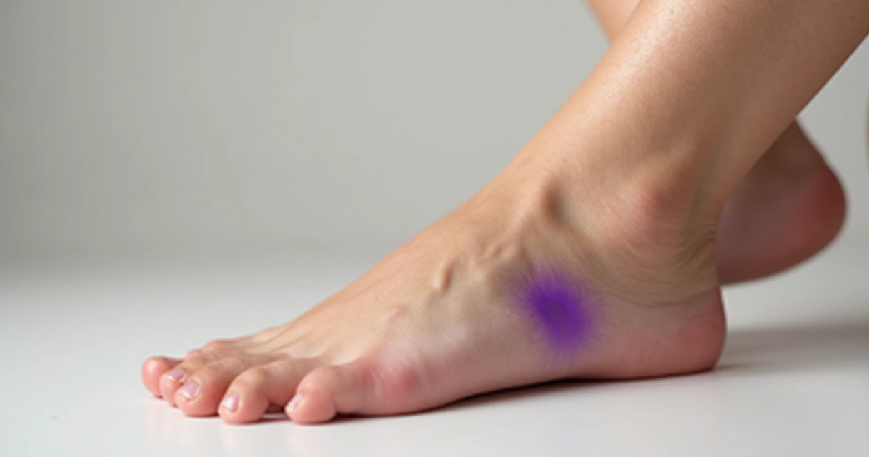 Mancha roxa próxima ao tornozelo em perna de pessoa de pele clara, mostrando equimose 