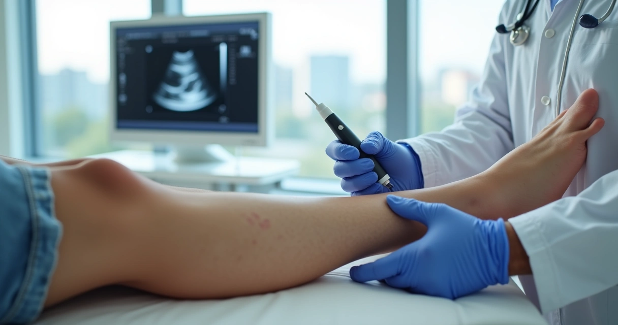 Close-up de perna com pequena mancha roxa em exame vascular com ultrassom 