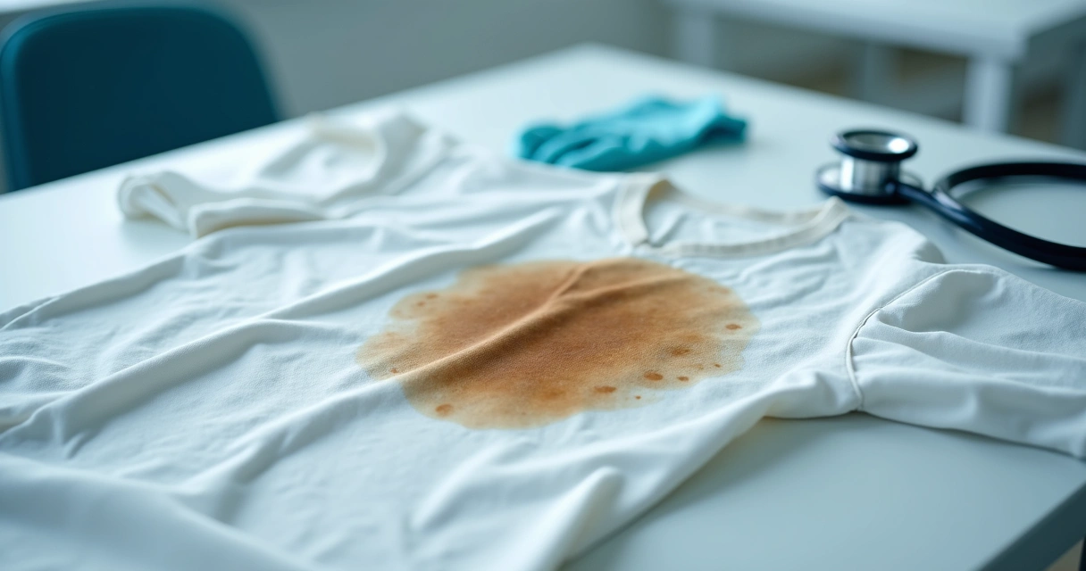 Mancha vis&iacute;vel em uniforme hospitalar branco. 