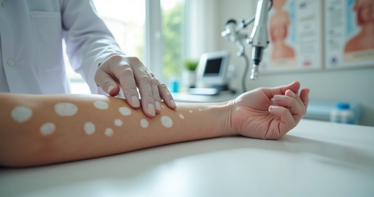 Dermatologista examinando manchas brancas na pele do antebraço de paciente 