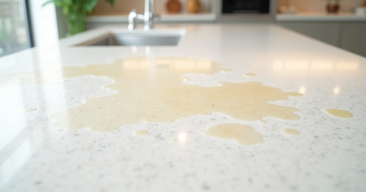 Manchas amarelas em superfície de bancada de quartzo branco 