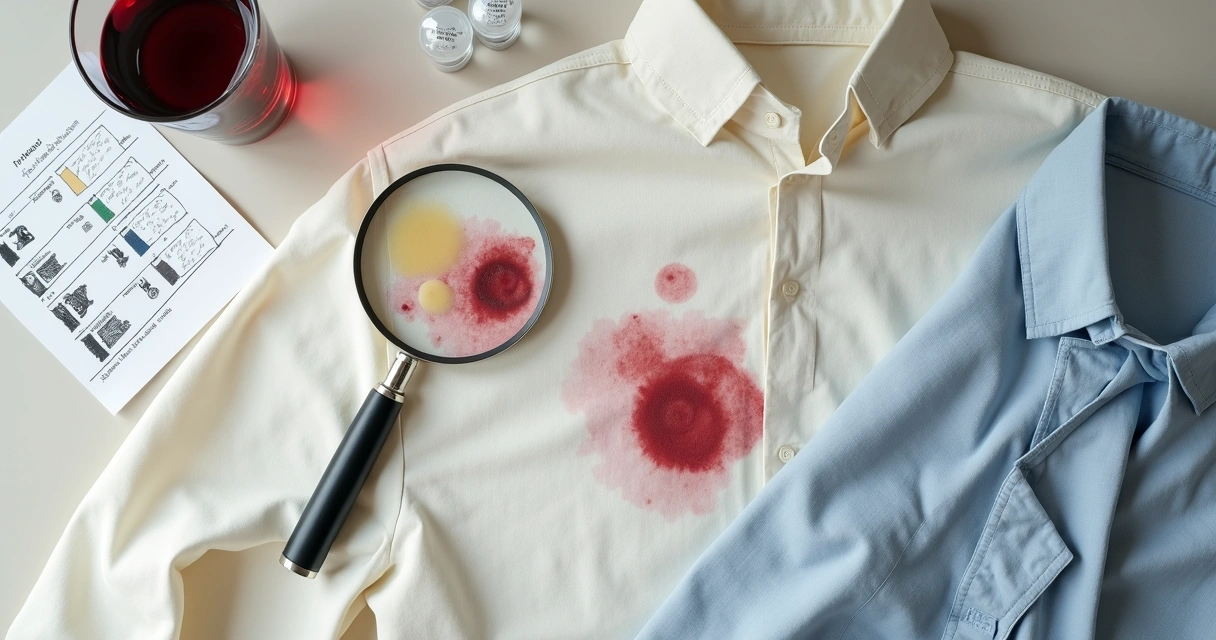 Close-up de camisa clara com diferentes tipos de manchas sob lupa e marcações técnicas 