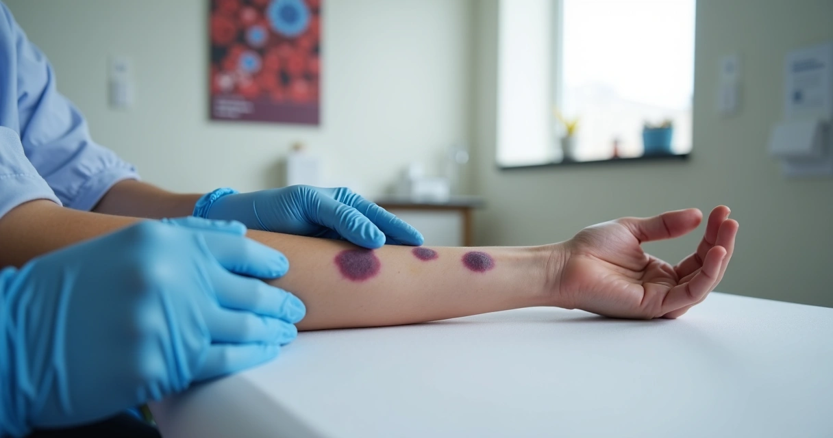 Braço com manchas roxas sendo examinado por médico com luvas 