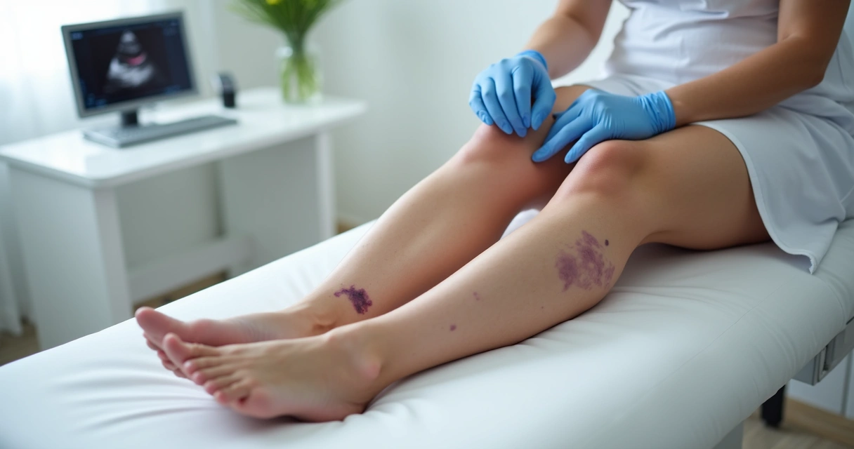 Perna feminina com manchas roxas e vasinhos aparentes em consultório vascular 