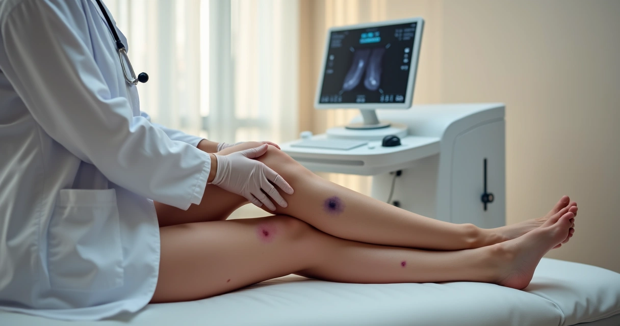 Perna de mulher com manchas roxas sendo examinada por médico vascular 