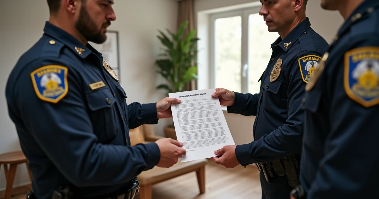 Advogado mostrando mandado de busca e apreensão para autoridades em ambiente interno de residência 