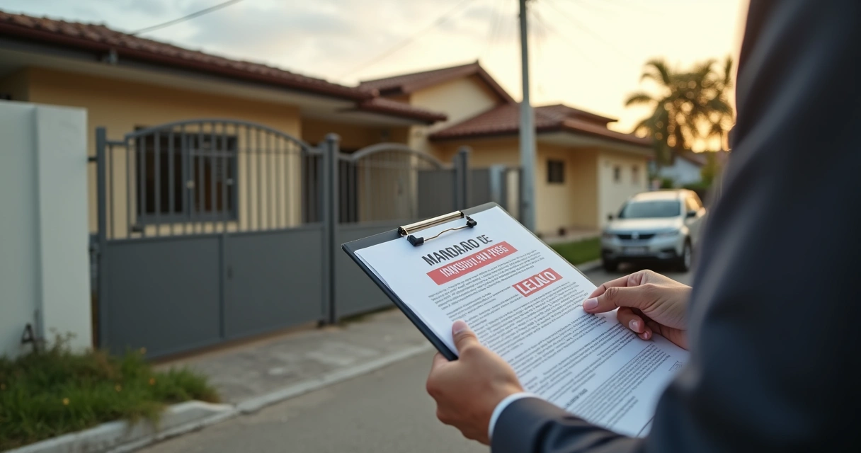 Oficial de justiça com mandado de imissão em frente a imóvel urbano de leilão 