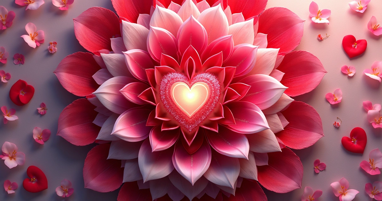 Desenho colorido de uma mandala com tons de rosa e vermelho, pétalas e detalhes brilhantes