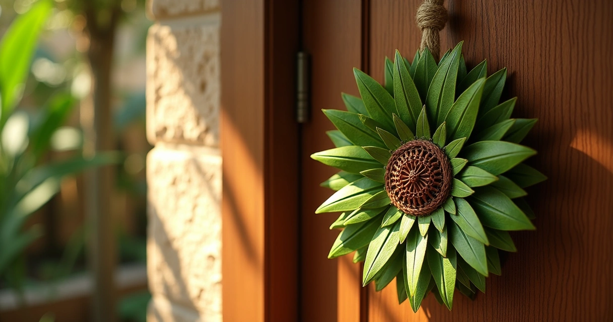 Mandala de arruda pendurada em porta de casa 
