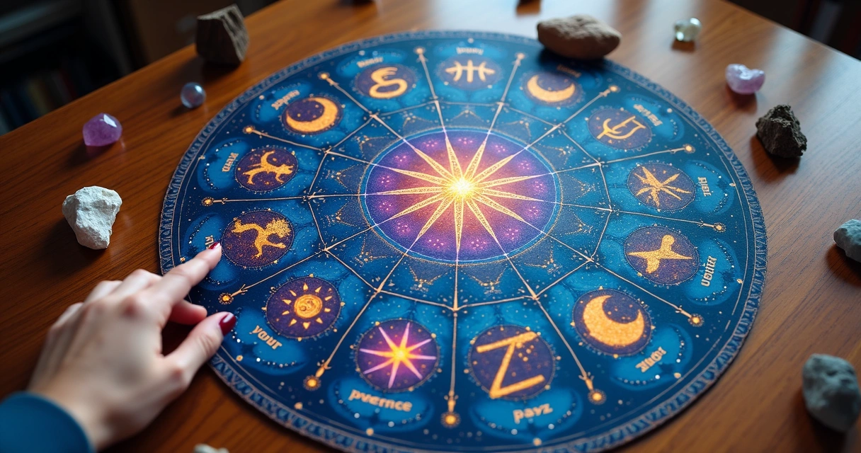 Mandala astrológica colorida com símbolos de signos 