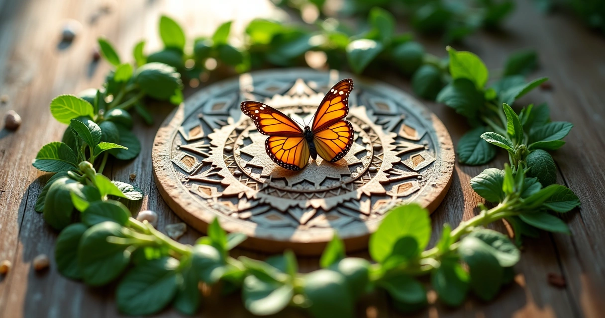 Mandala com borboleta ao centro e ervas ao redor.
