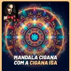Mandala cigana colorida com detalhes em luzes azuis e vermelhas e texto informativo