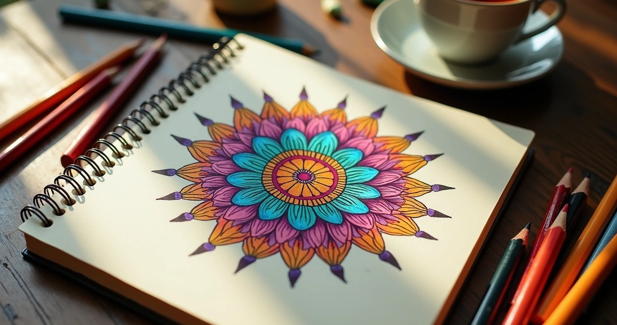 Caderno aberto com uma mandala colorida desenhada 