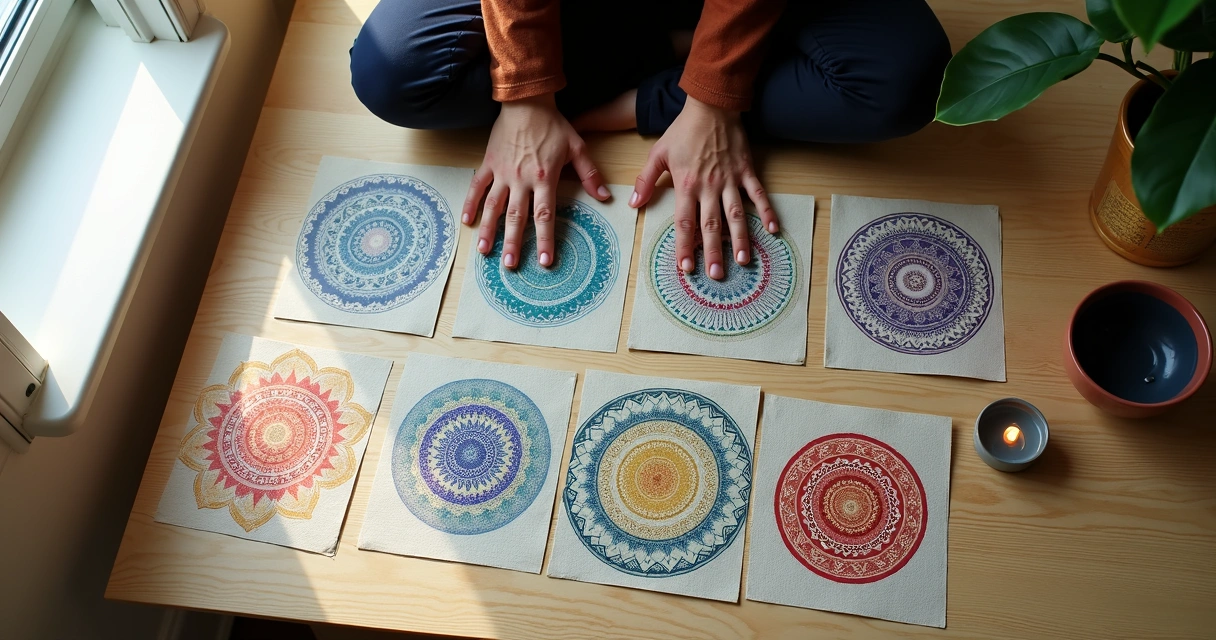 Mandalas coloridas sobre mesa clara com luz suave 