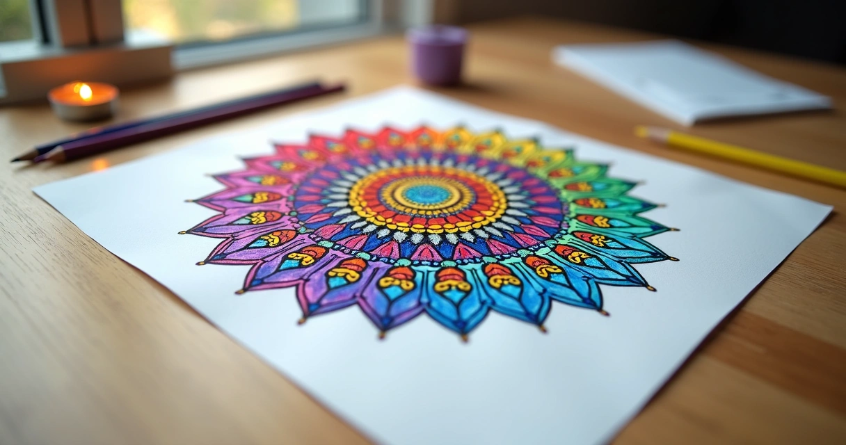 Mandala colorida sobre papel ao lado de uma vela acesa