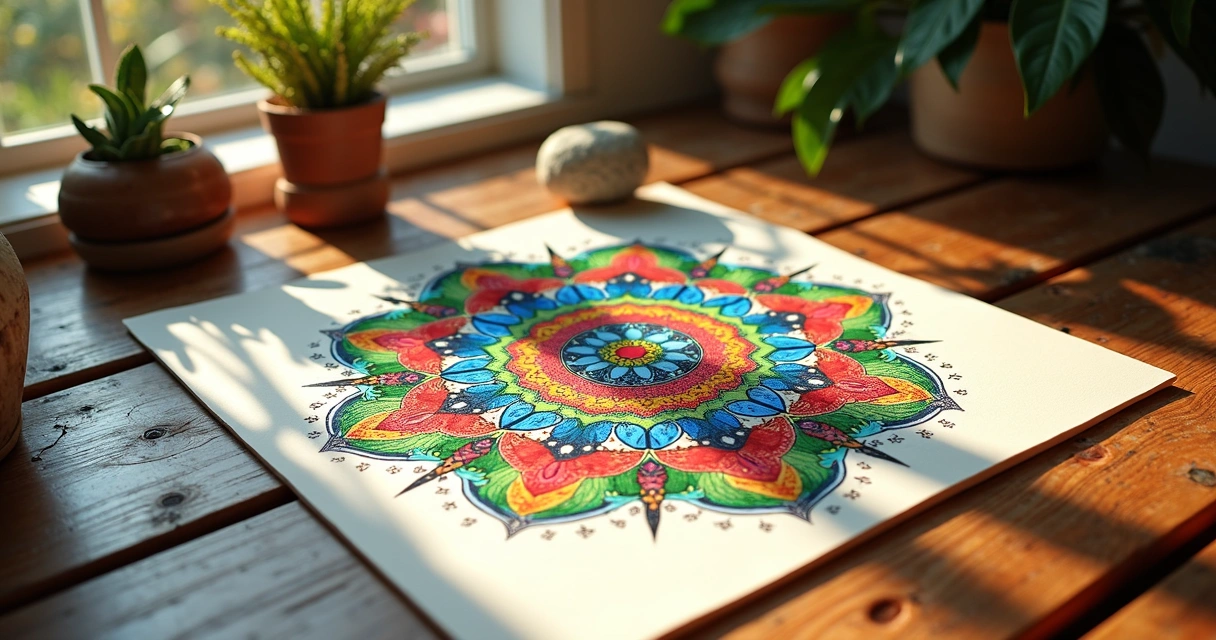 Mandala desenhada à mão decorada com pedras coloridas e cristais 