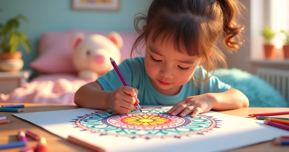 Criança colorindo mandala em papel com lápis de cor. 