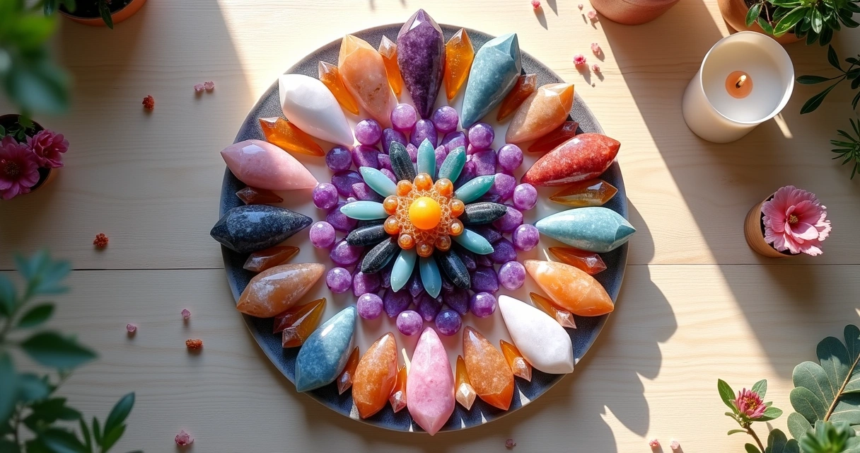 Mandala de cristais coloridos vista de cima, formando um círculo simétrico numa mesa de madeira clara 