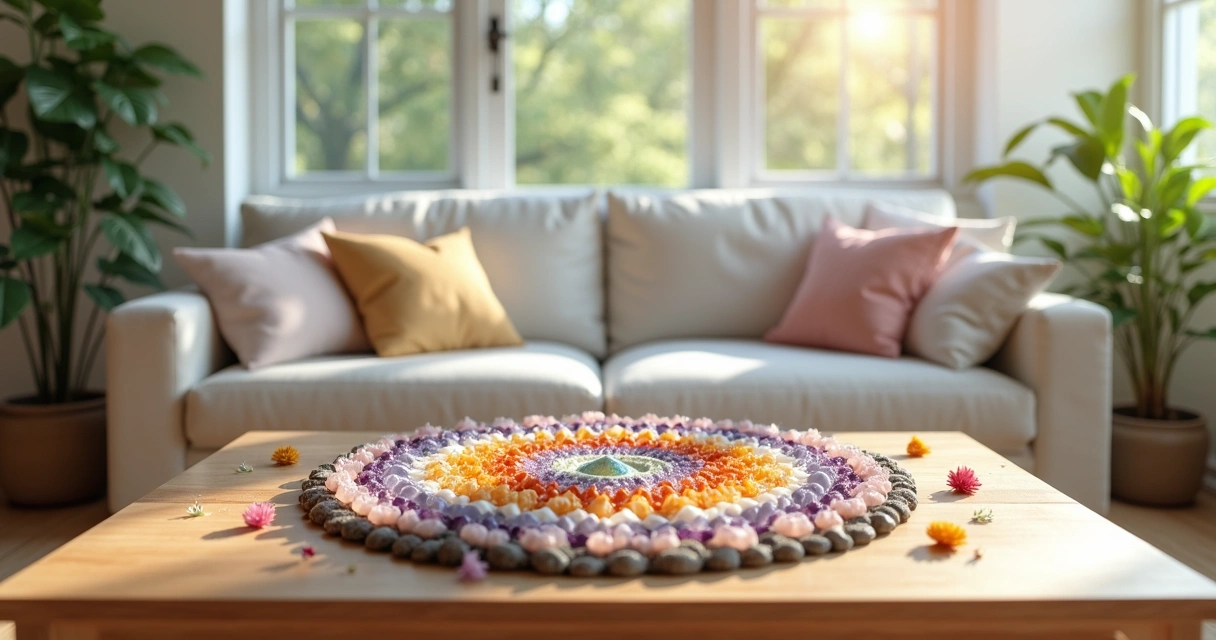 Mandala de cristais coloridos em uma mesa de centro na sala 