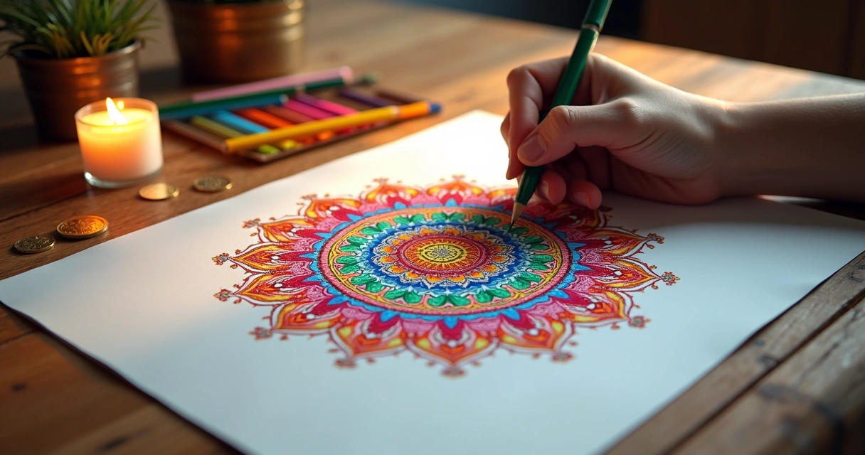 Mandala desenhada à mão com mosaico de cores, lápis de cor e moedas em volta