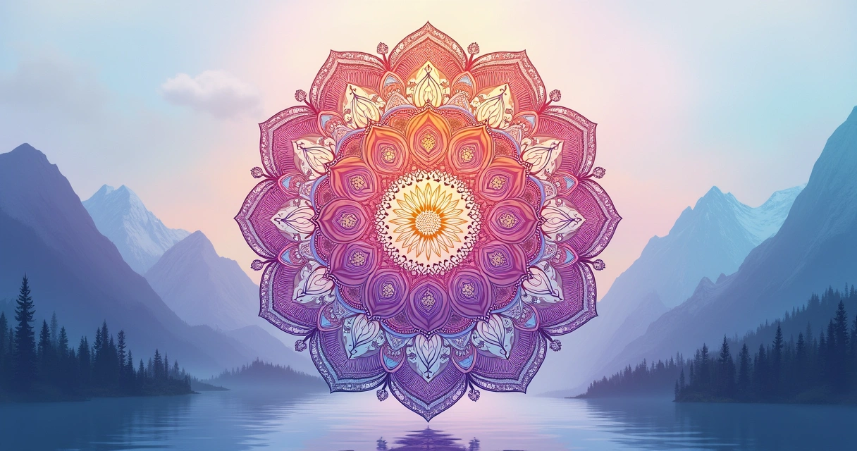 Design de mandala colorida com padrões geométricos e elementos simbólicos, em fundo suave, evocando meditação.