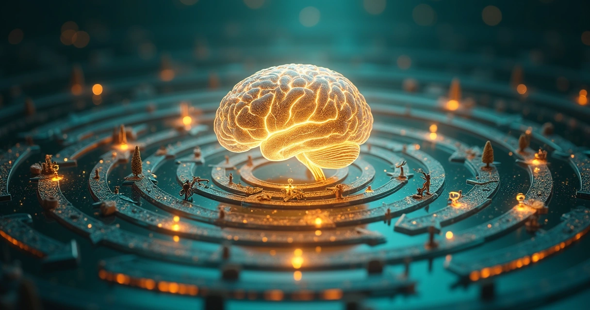 Mandala luminoso combinando cerebro humano y símbolos de economía circular 