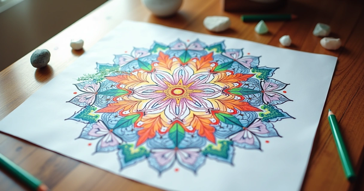 Mandala desenhada à mão em papel branco com anotações de intenções coloridas em cada segmento