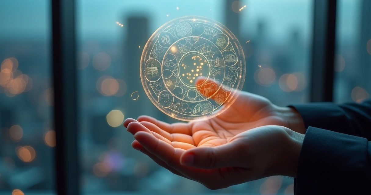 Mãos segurando mandala transparente com símbolos financeiros sobre cidade à noite 