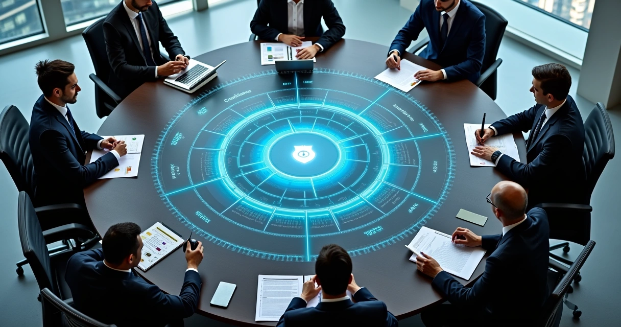 Vista superior de mesa redonda com símbolos digitais em mandala representando governança de IA corporativa 