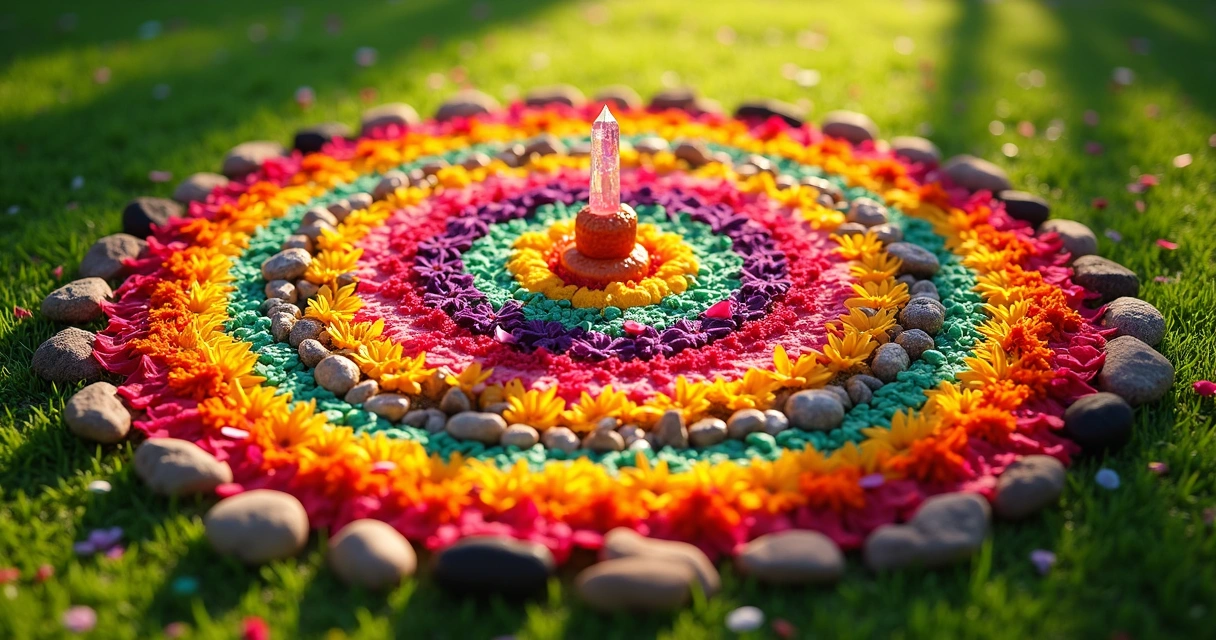 Mandala com flores e pedras em círculo meditativo 