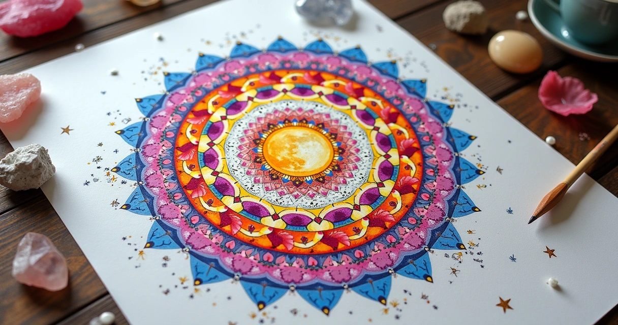Mandala lunar colorida em papel, com anotações e símbolos desenhados. 