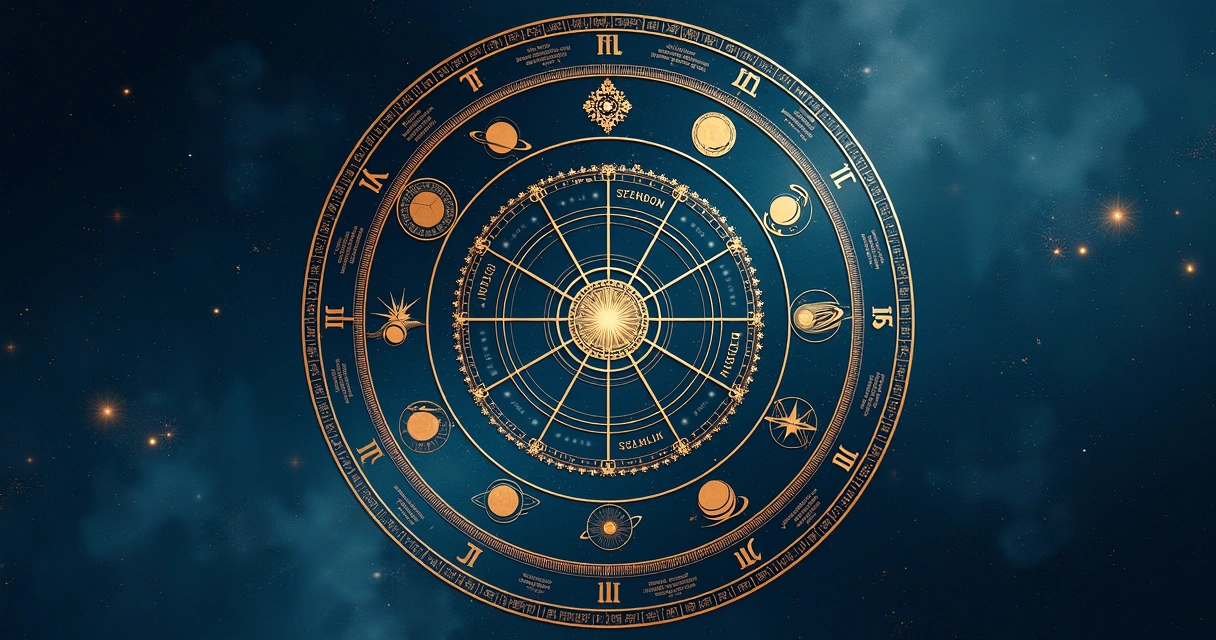 Ilustração colorida de uma mandala astrológica com signos e planetas desenhados. 