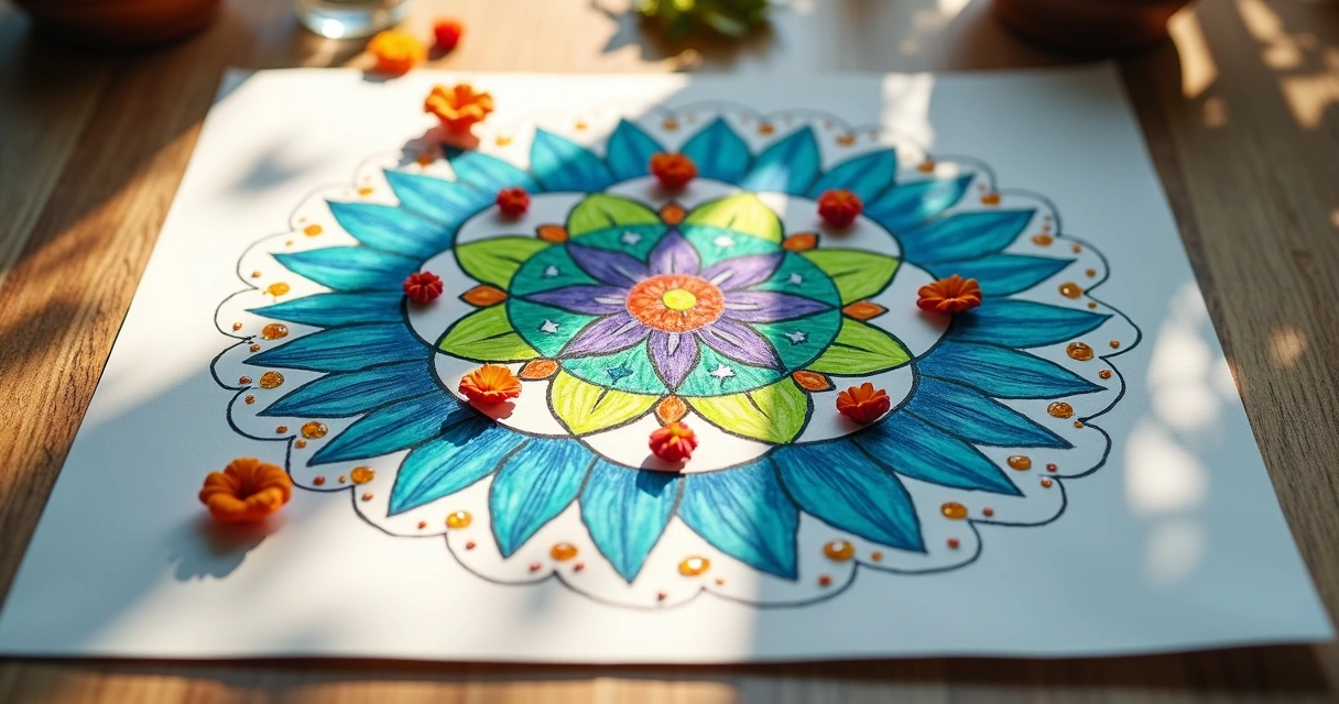 Mandala colorida feita à mão com pétalas e cristais naturais 