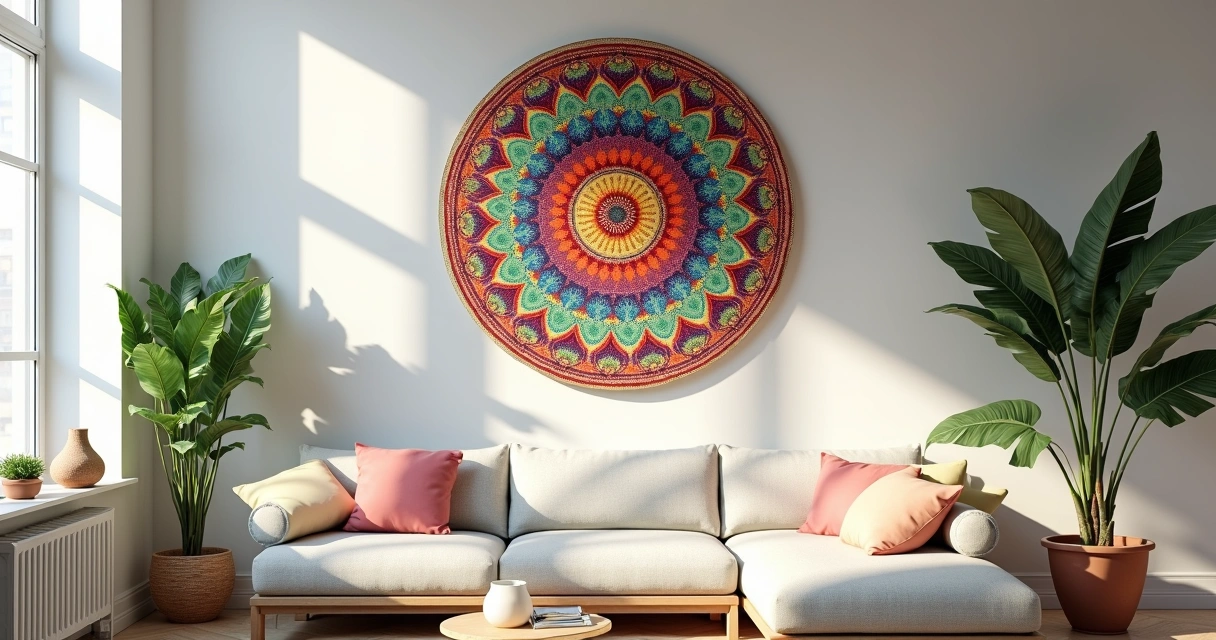 Mandala grande colorida pendurada na parede de uma sala de estar iluminada 