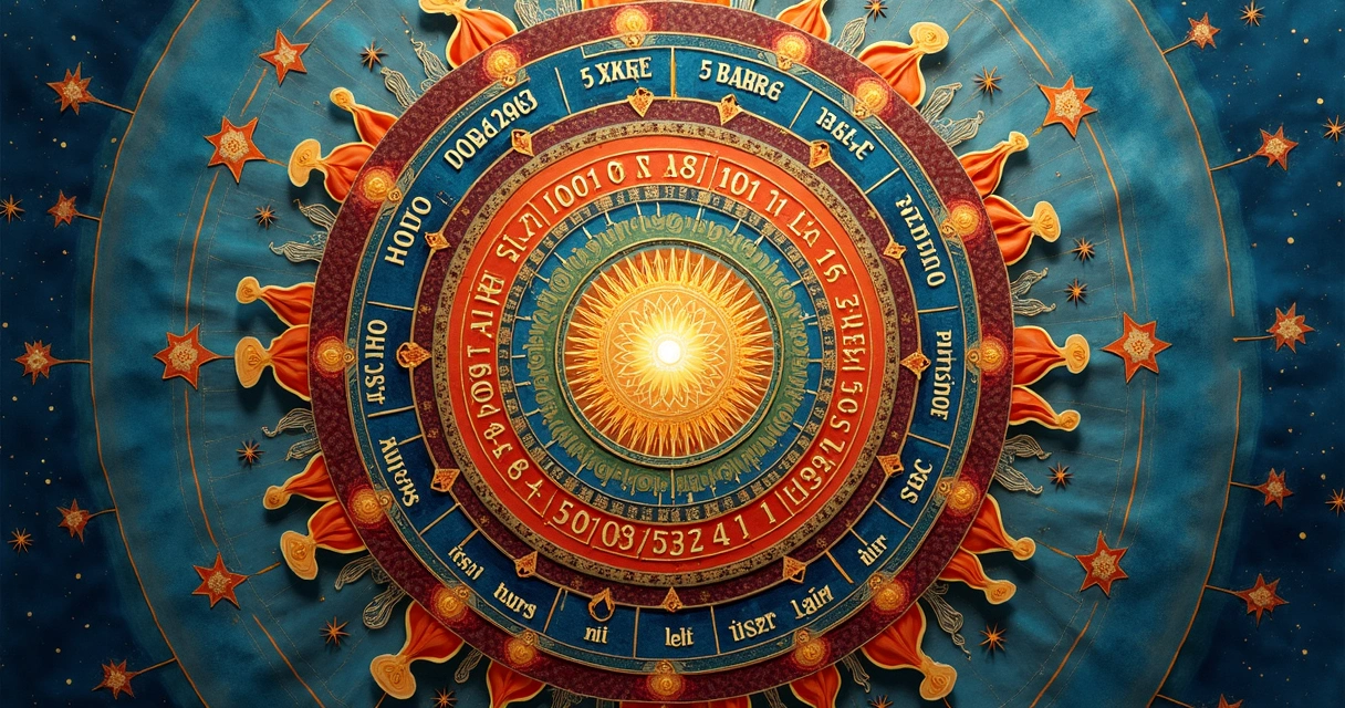 Mandala de numerologia com metas mensais escritas ao redor de círculo colorido 