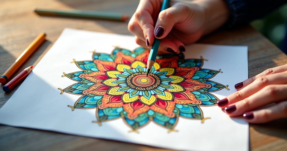 Papel branco com mandala colorida sendo desenhada com lápis de cor 