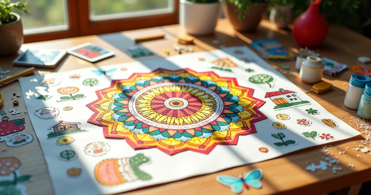 Mandala colorida desenhada à mão sobre cartolina, com colagem de imagens de prosperidade ao redor 